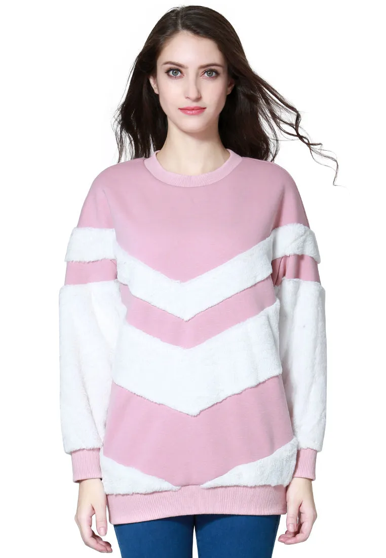 Baby Pink Full Sleeve Turtle Neck Fur Detail Sweater