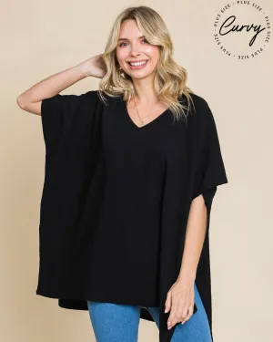 Black VNeck Drop Shoulder Crepe Boxy Oversized Short Sleeve Top