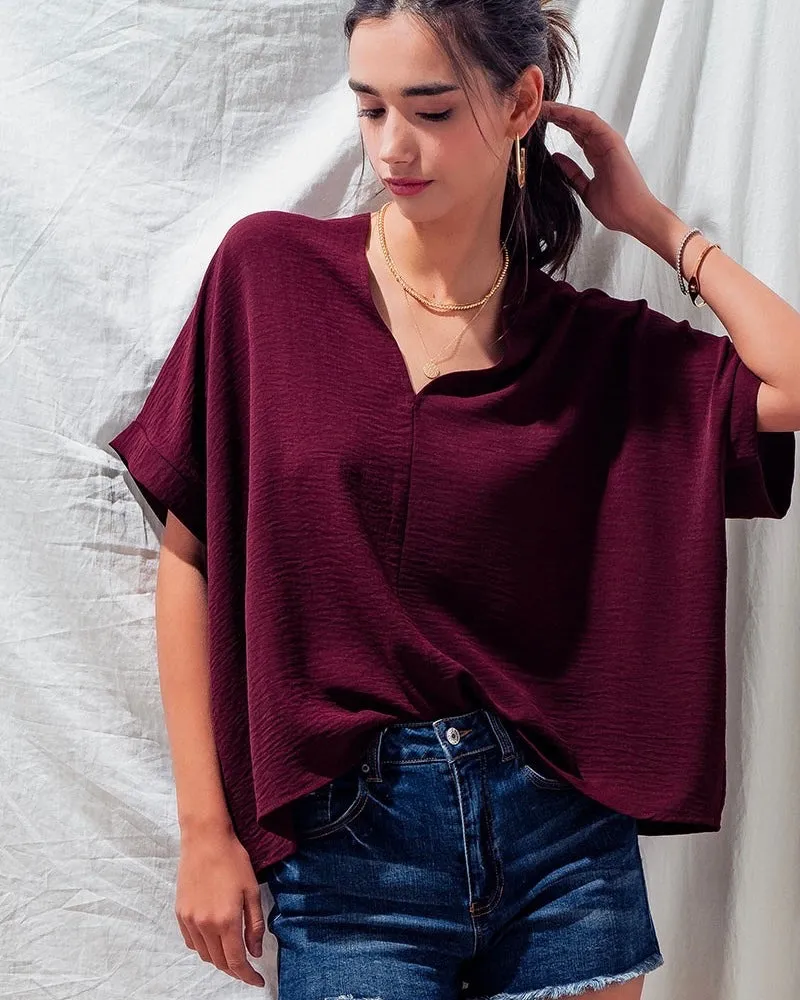 Black VNeck Drop Shoulder Crepe Boxy Oversized Short Sleeve Top