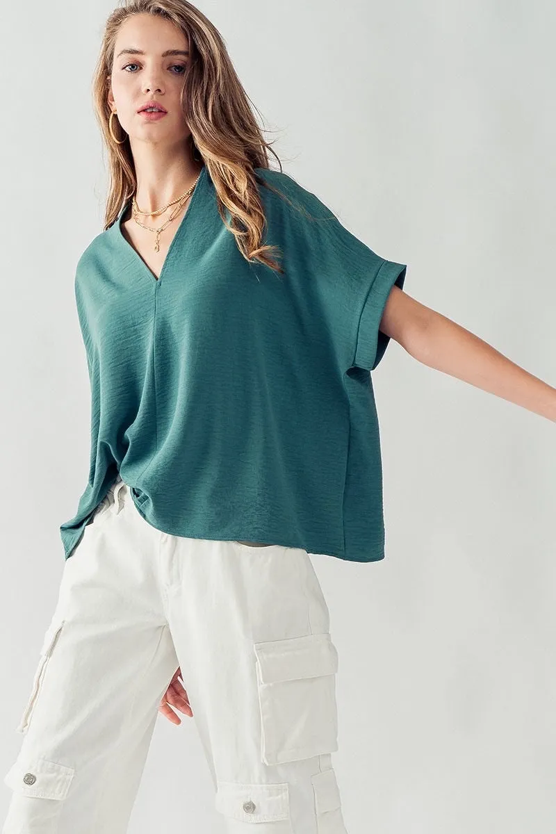 Black VNeck Drop Shoulder Crepe Boxy Oversized Short Sleeve Top