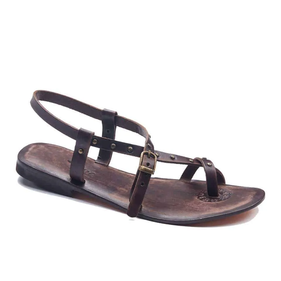 Brown Leather Toe Loop Sandals For Womens