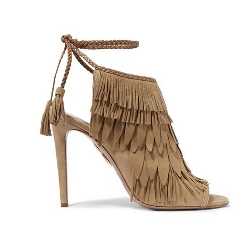 Brown Suede Strappy Ankle Fringe Sandals