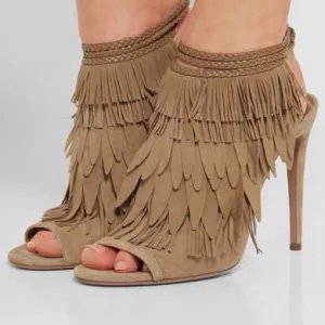 Brown Suede Strappy Ankle Fringe Sandals