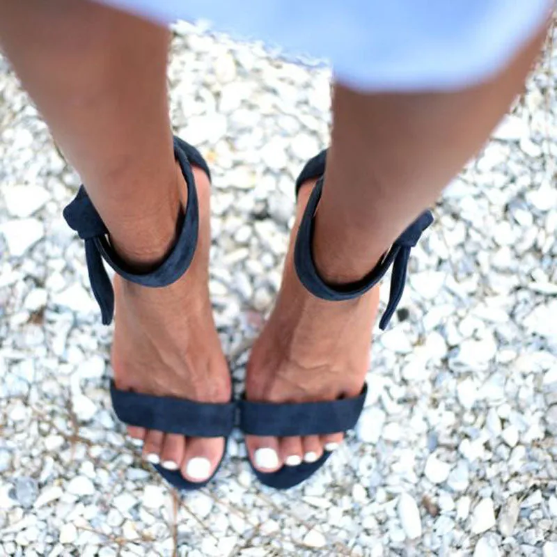 Casual Black Suede Bow Open Toe High Heel Sandals