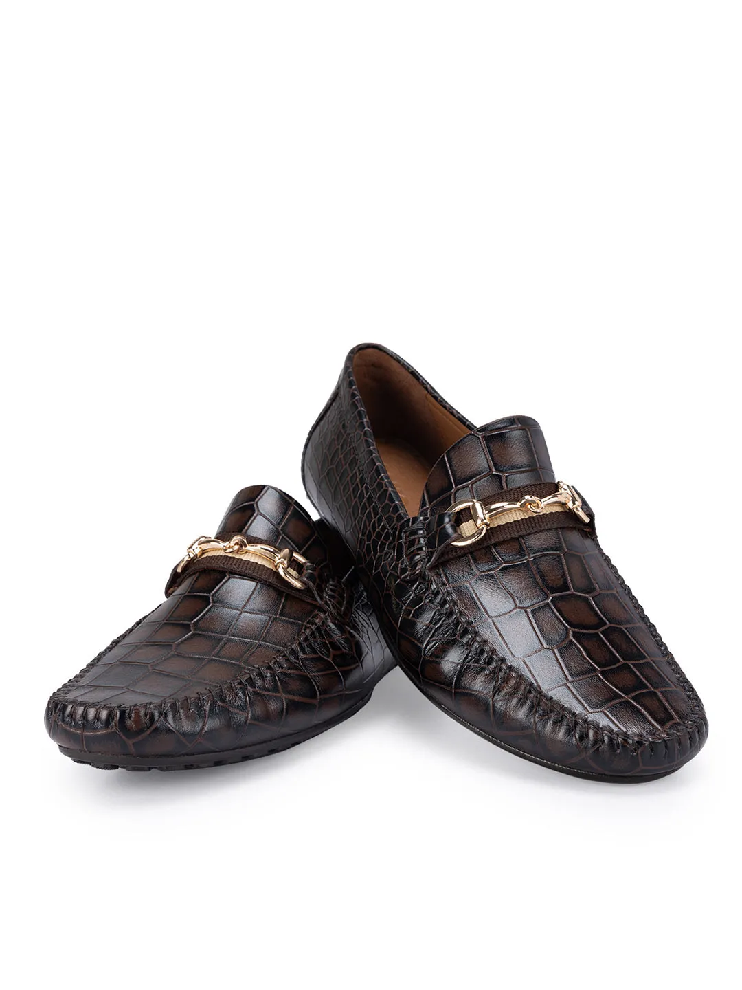 Coffee Croco Leather Moccasins