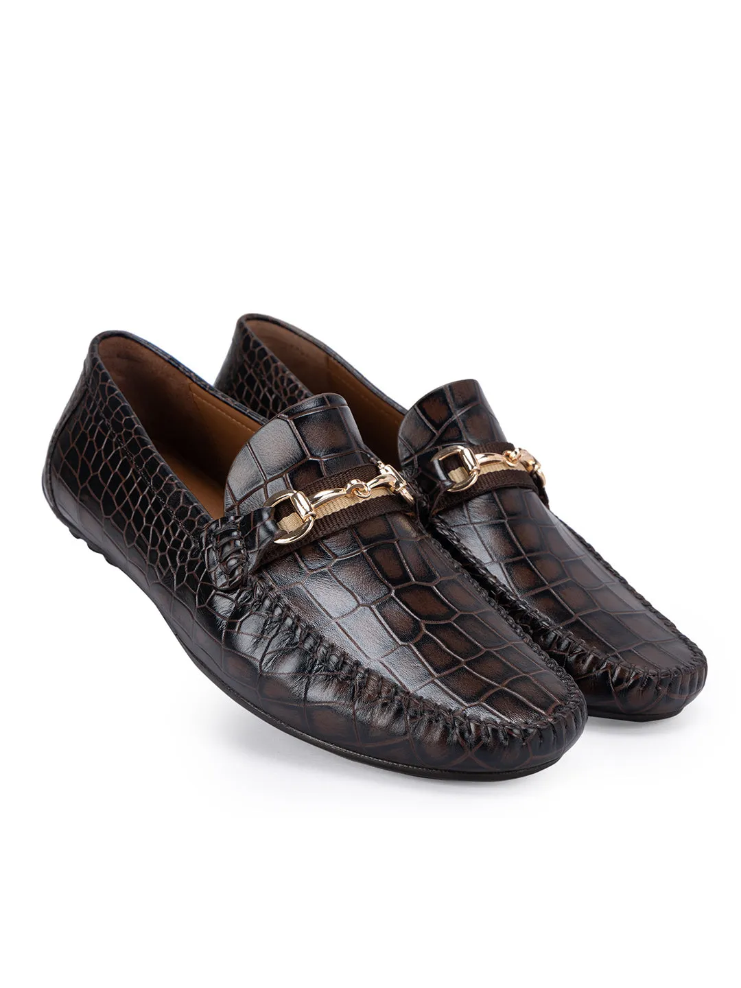 Coffee Croco Leather Moccasins
