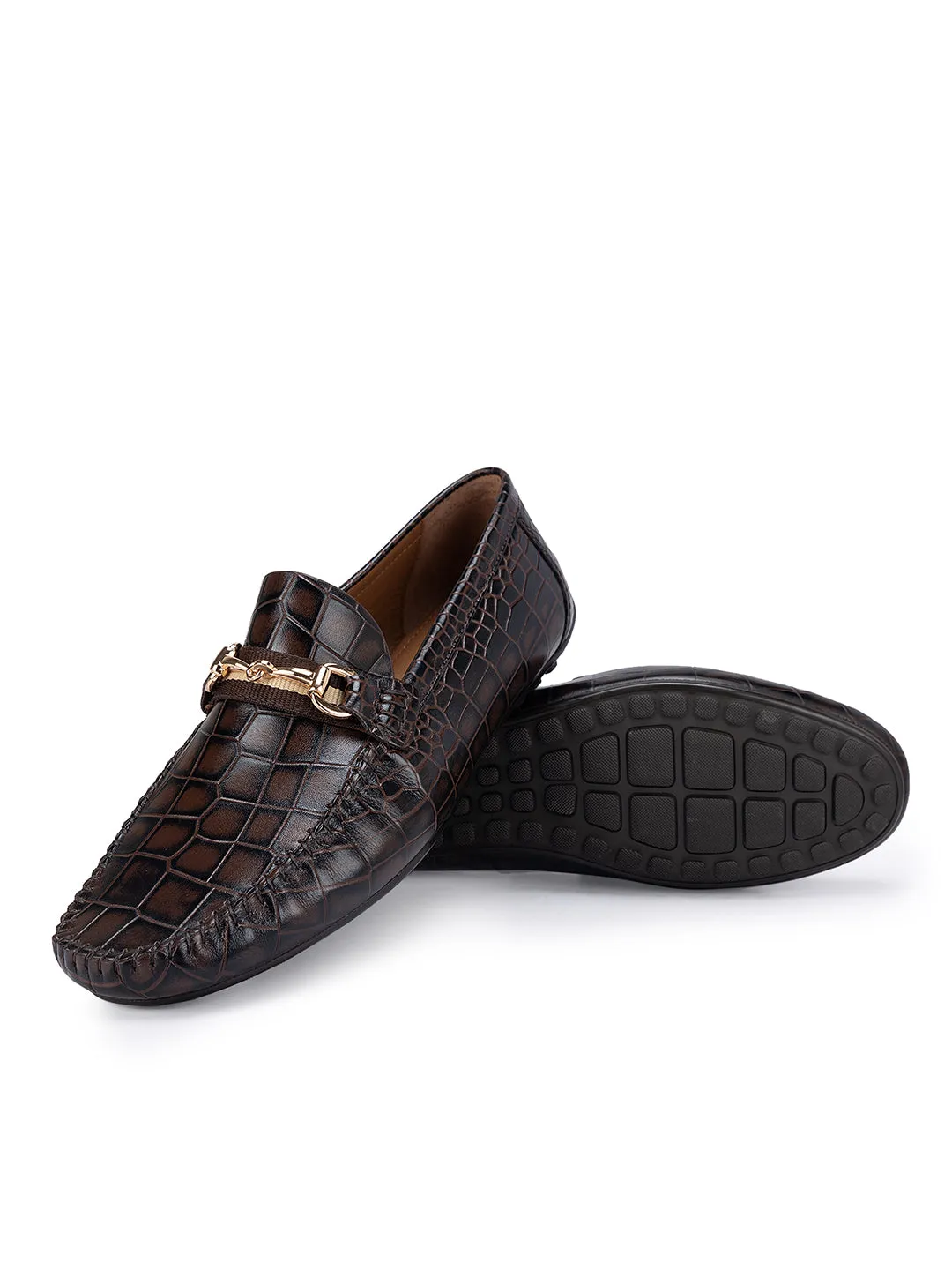 Coffee Croco Leather Moccasins