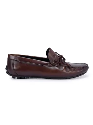 Coffee Leather Moccasins With Bow Detail