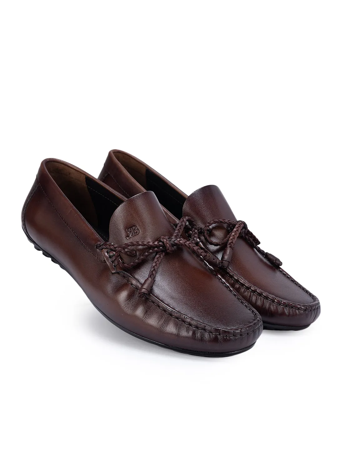 Coffee Leather Moccasins With Bow Detail