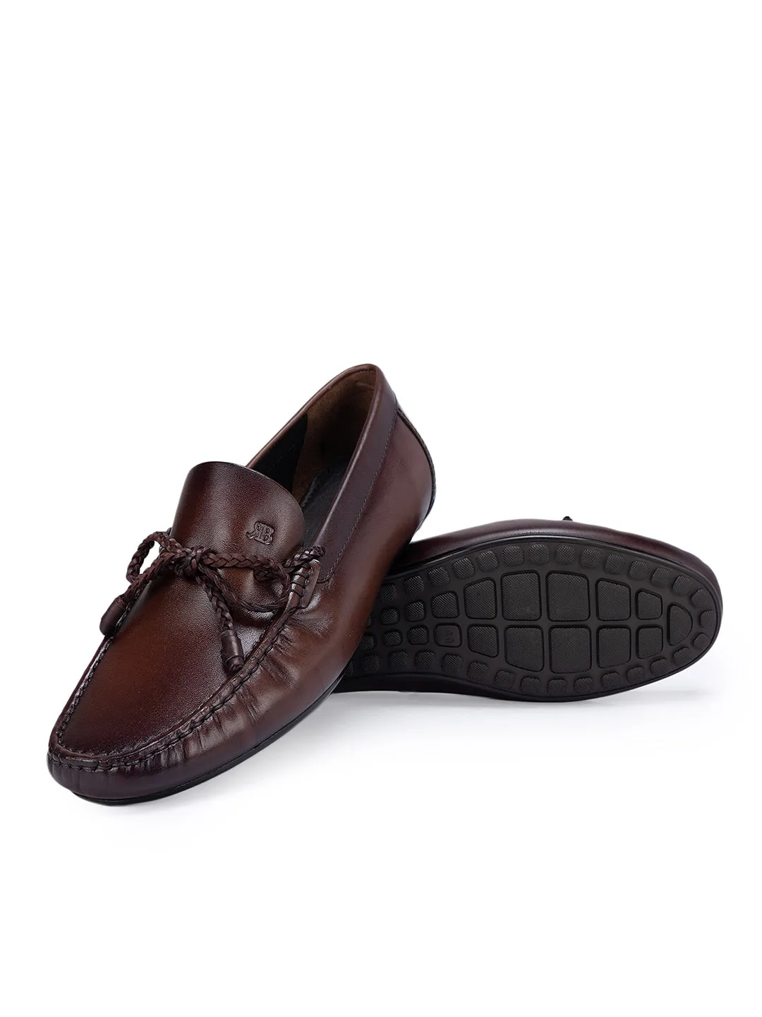 Coffee Leather Moccasins With Bow Detail