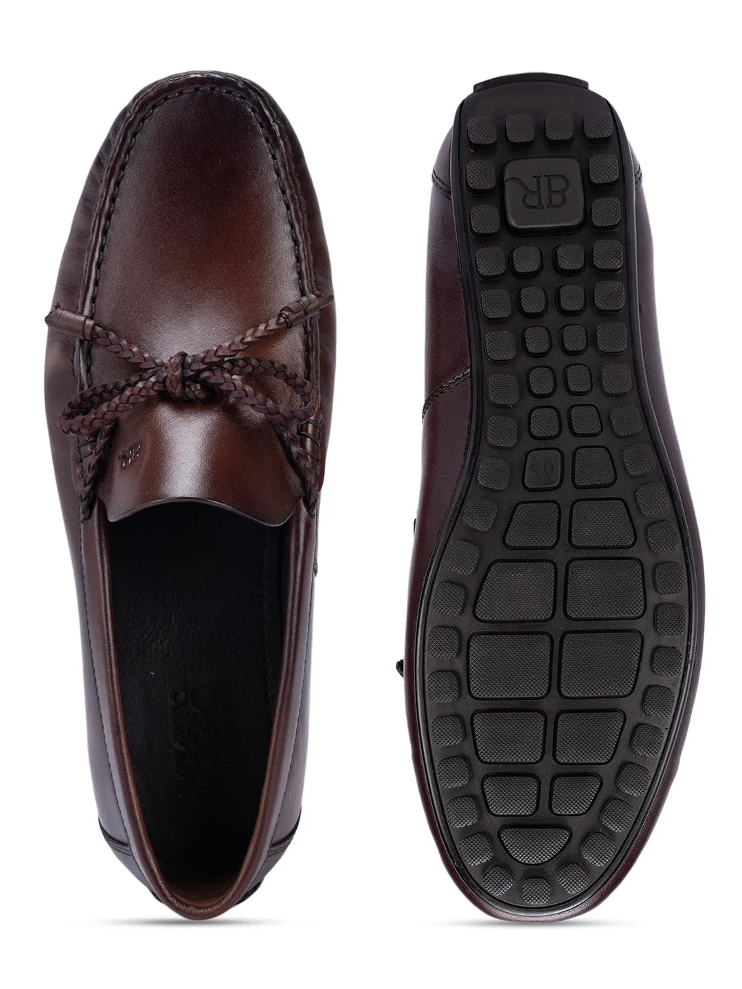 Coffee Leather Moccasins With Bow Detail