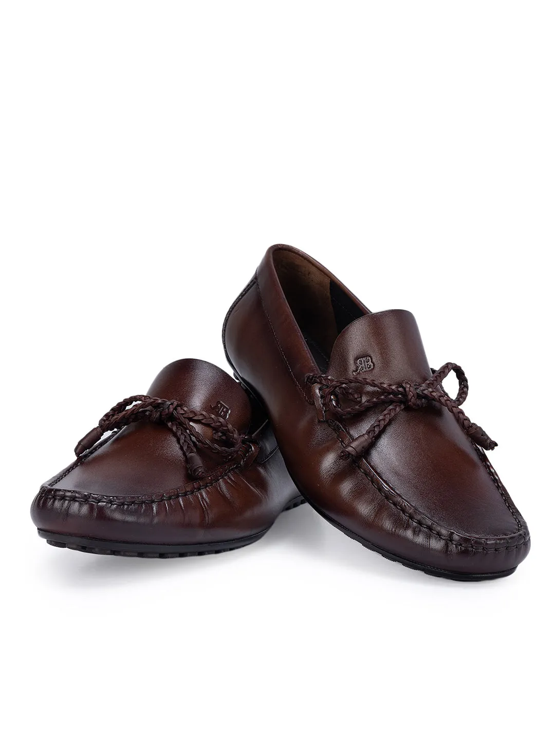 Coffee Leather Moccasins With Bow Detail