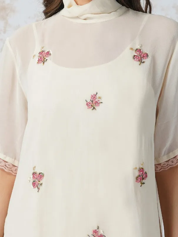 Deep Ivory Beaded Work High Neck Tunic Set (Set of 3)