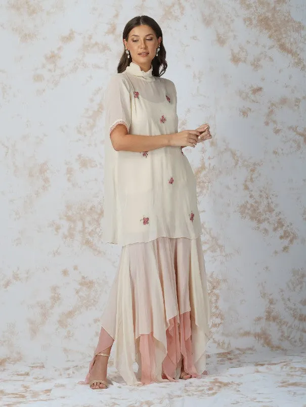 Deep Ivory Beaded Work High Neck Tunic Set (Set of 3)