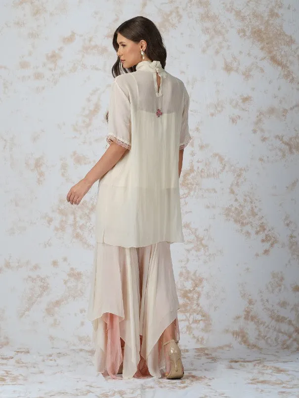 Deep Ivory Beaded Work High Neck Tunic Set (Set of 3)