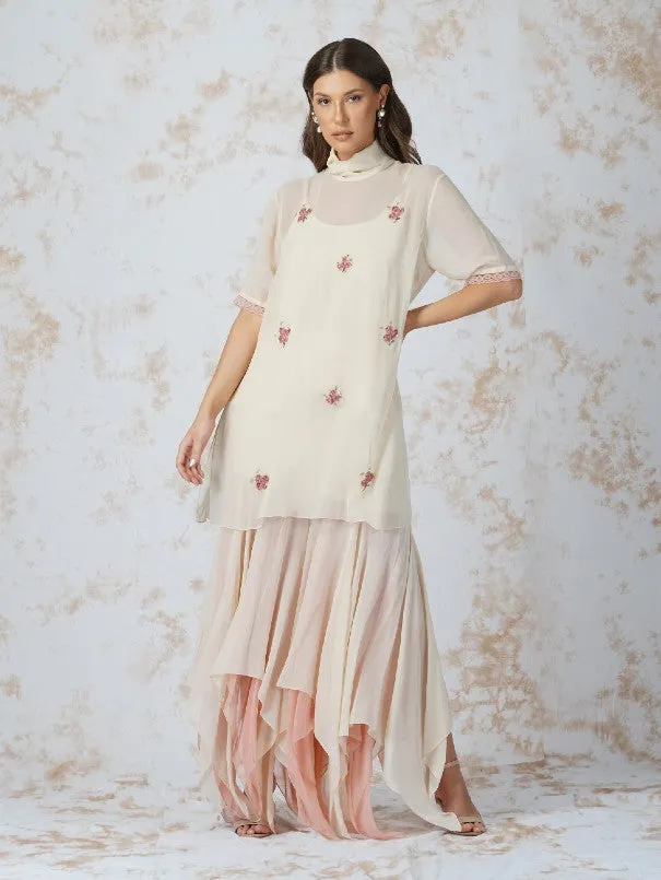 Deep Ivory Beaded Work High Neck Tunic Set (Set of 3)