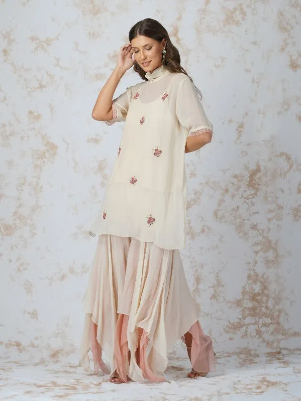 Deep Ivory Beaded Work High Neck Tunic Set (Set of 3)