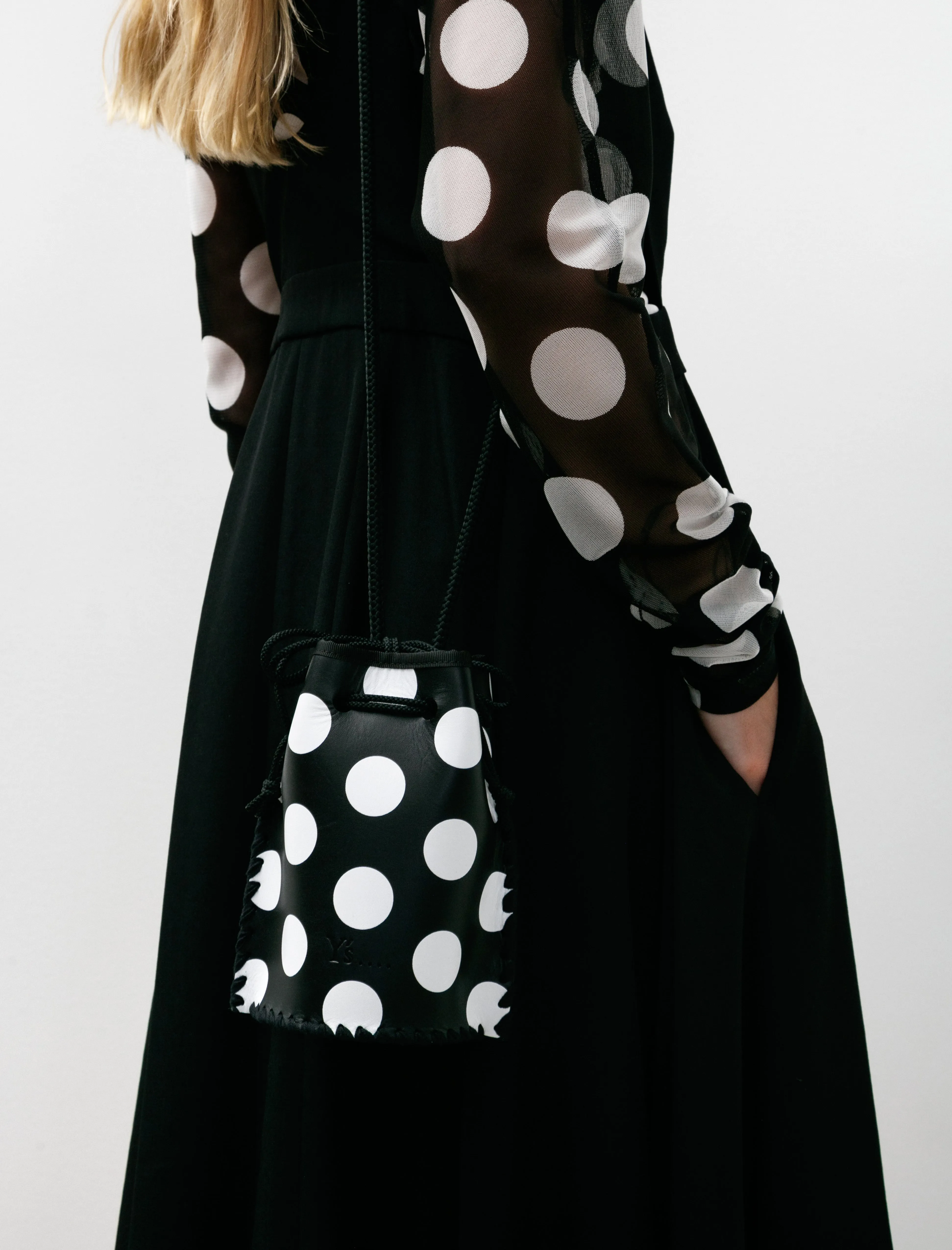 Dot Drawstring Bucket Bag Black