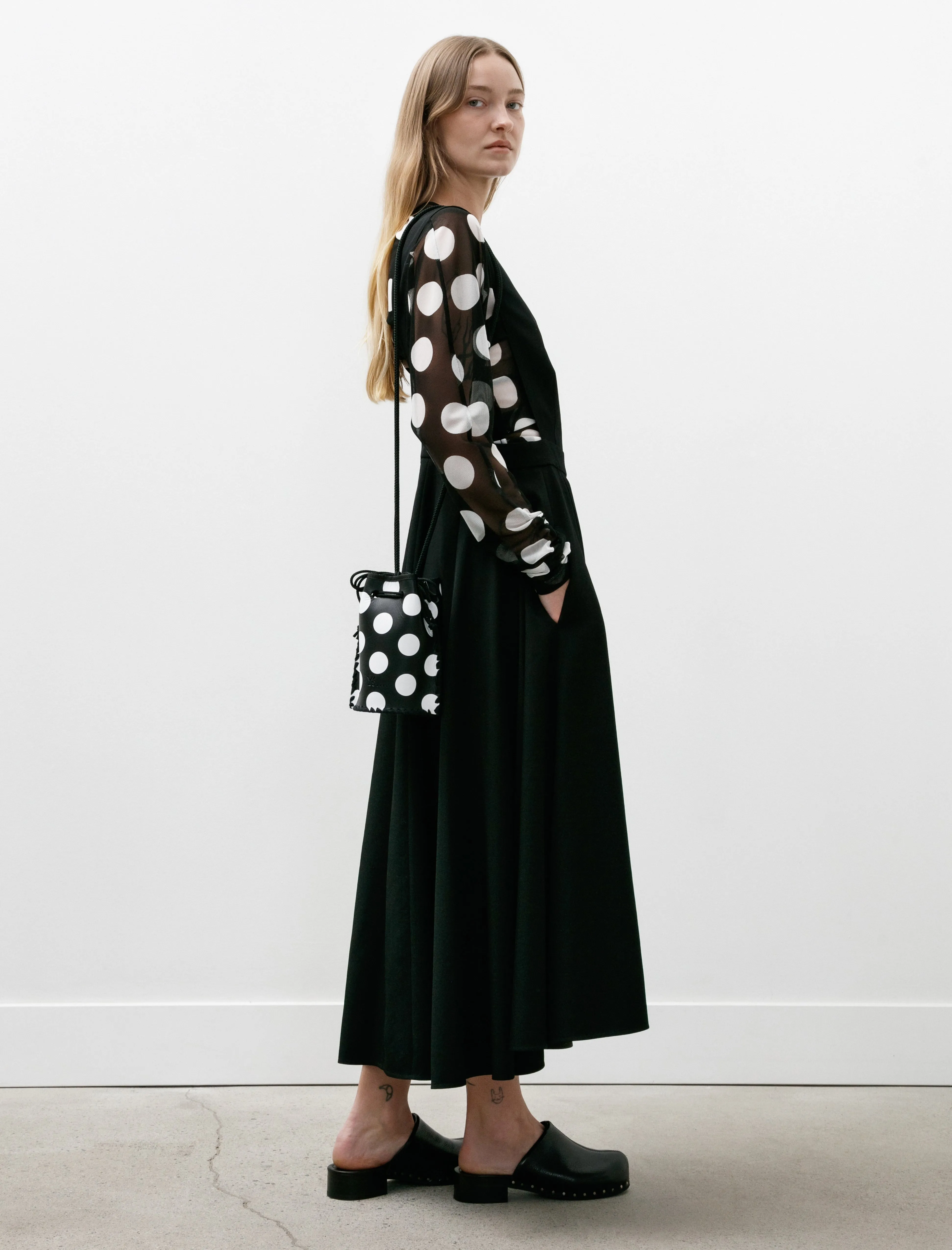 Dot Drawstring Bucket Bag Black