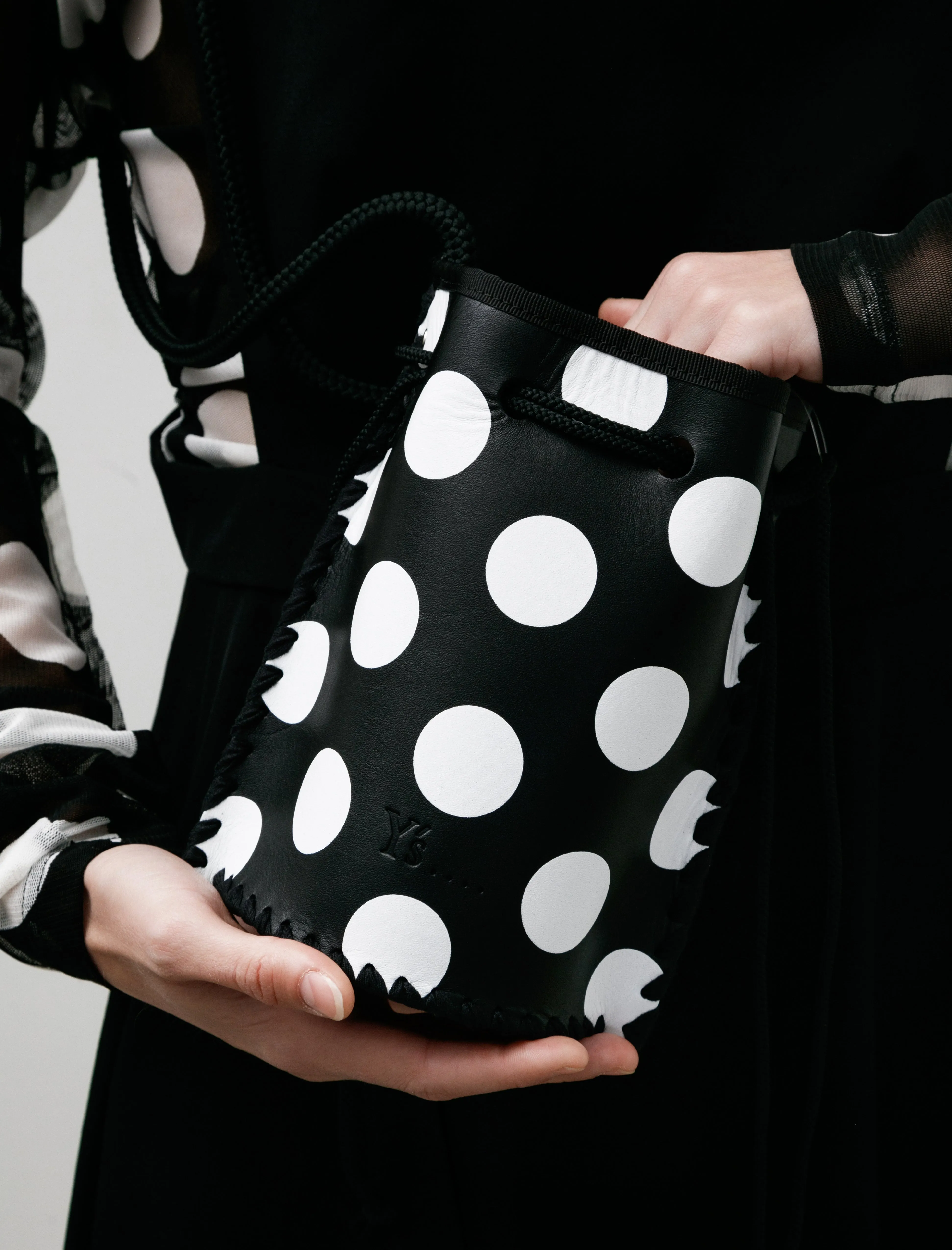 Dot Drawstring Bucket Bag Black