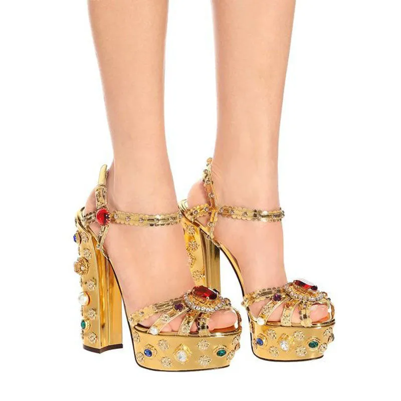 Gold Rhinestone Buckle Platform Chunky Heel Sandals