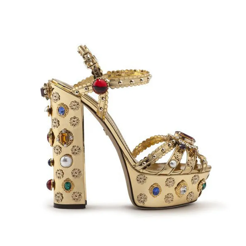 Gold Rhinestone Buckle Platform Chunky Heel Sandals