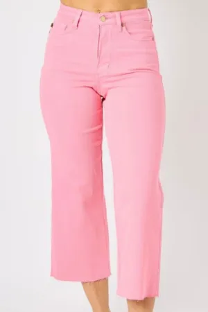 Judy Blue High Waisted Tummy Control Wide Crop (Pink)