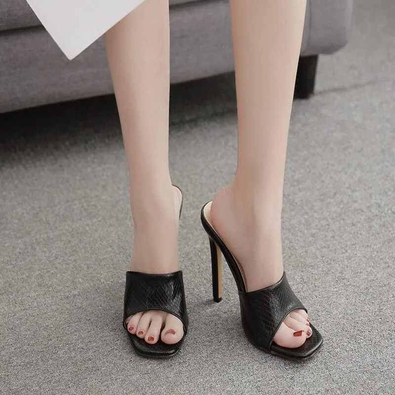 Leather Slip-On Peep Toe  Square Toes