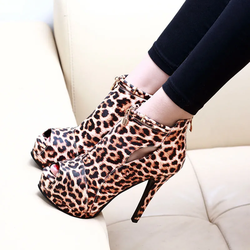 Leopard Peep Toe High Heel Leather Cutout Sandals