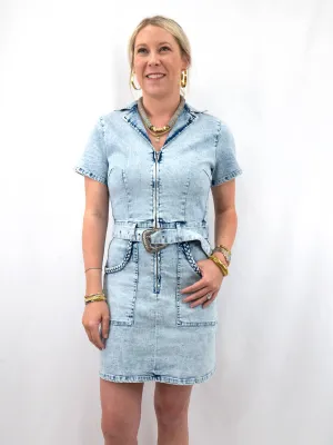 Light Blue Denim Belted Dress