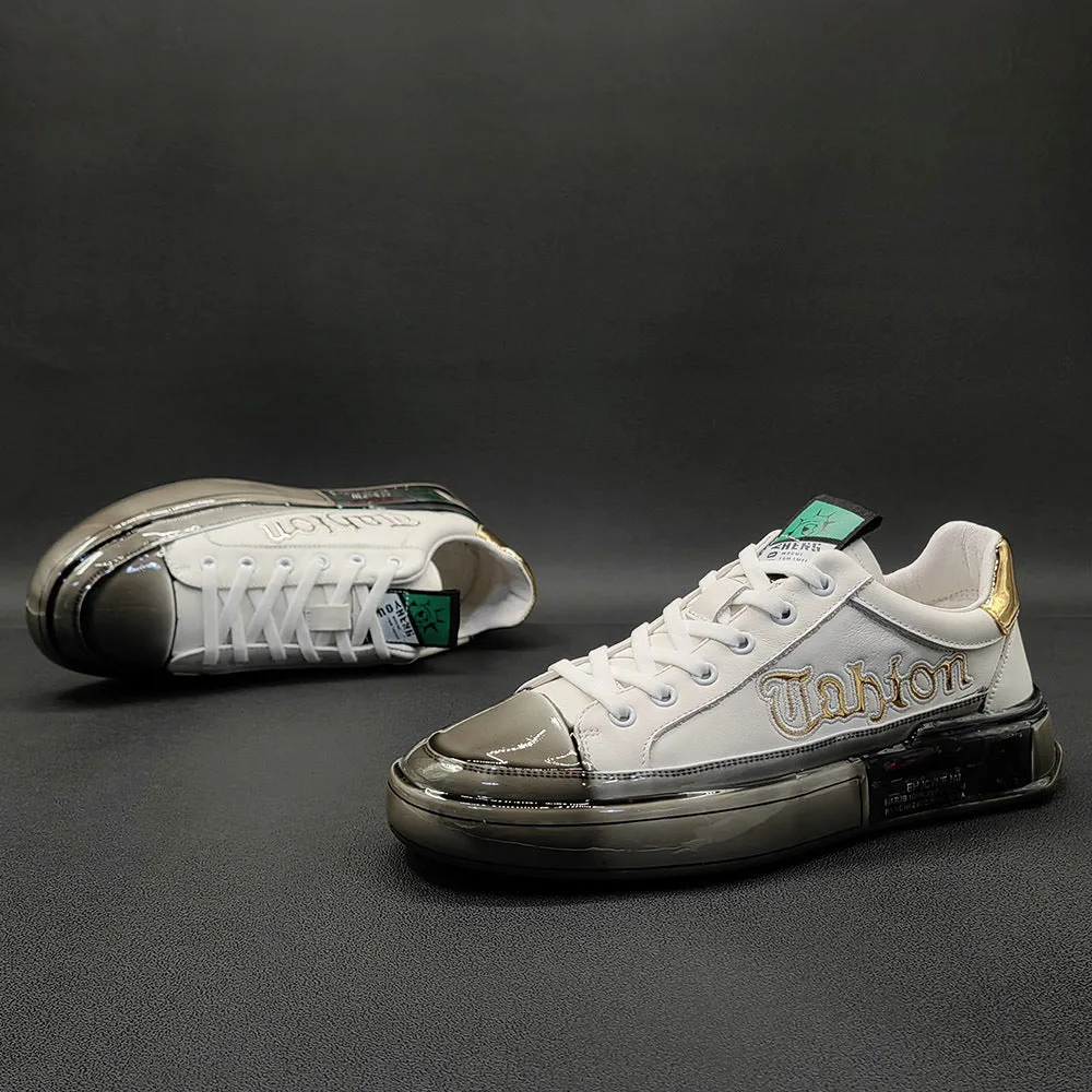 Men Fashion Glossy Soft Leather Casual Sneakers