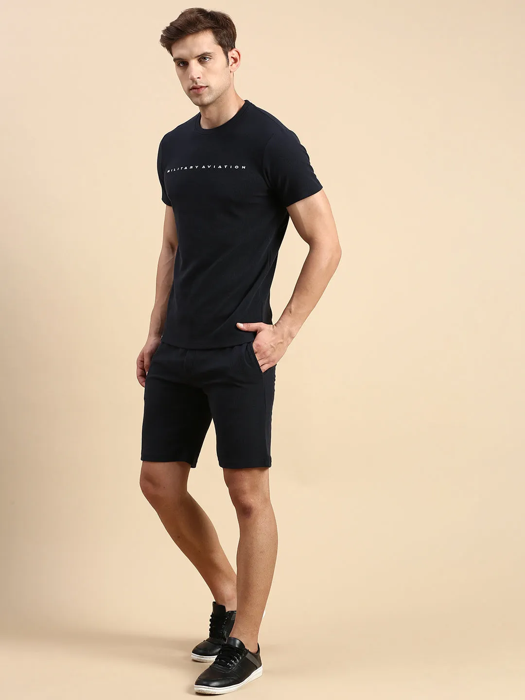 Men Round Neck Solid Navy Blue Co-Ords Set
