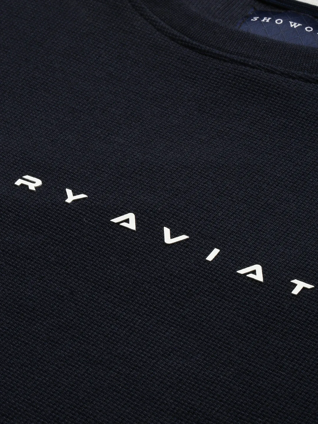 Men Round Neck Solid Navy Blue Co-Ords Set