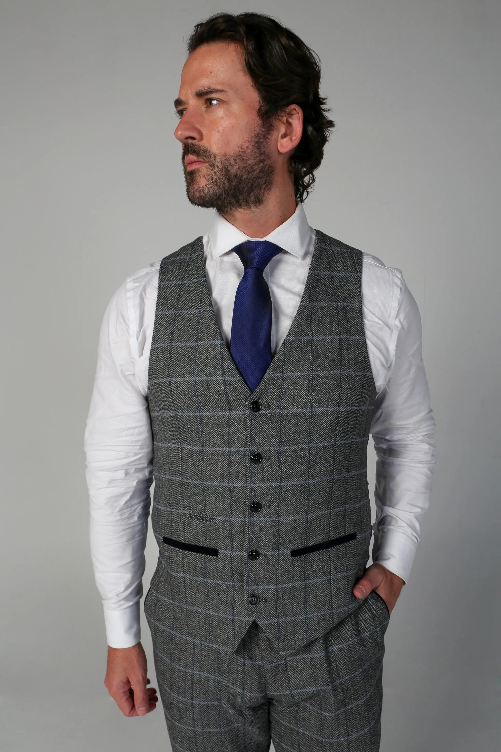 Men's Tweed Retro Windowpane Waistcoat - HARRIS - Grey