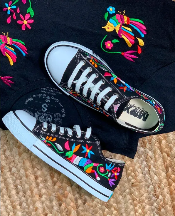 Mexican Otomi Art Embroidered Sneakers (Black)