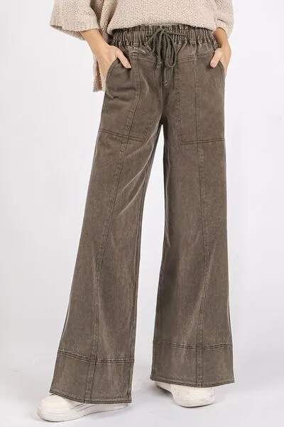 Mineral Wash Elastic Wide Leg Pants