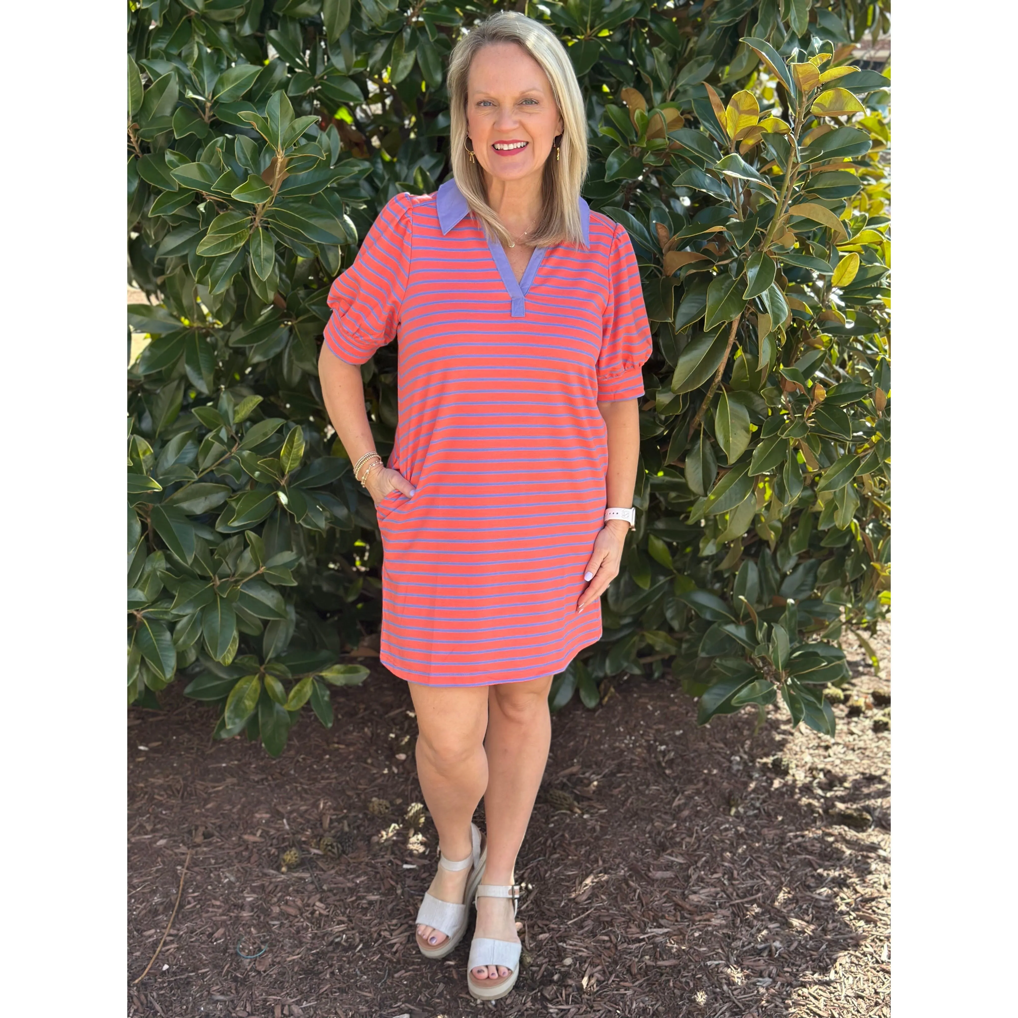 Monica Stripe Print V-Neck Puff Sleeve Mini Dress - Grapefruit