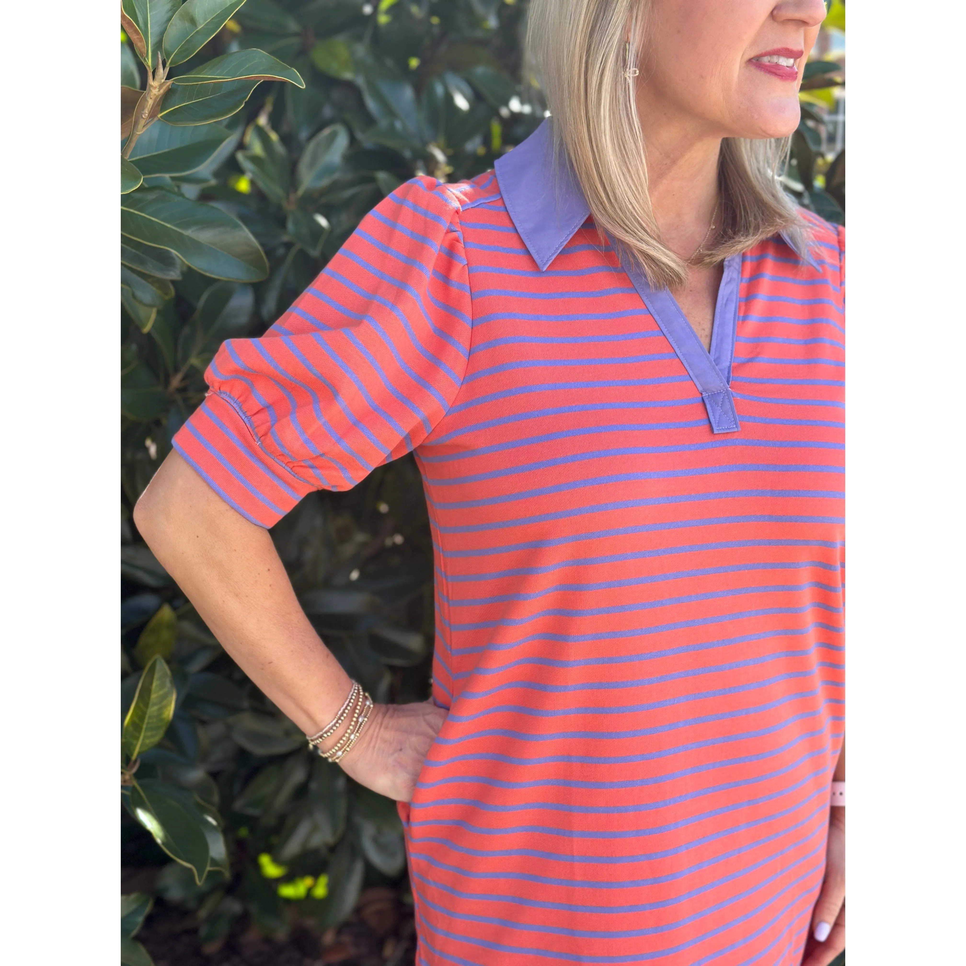 Monica Stripe Print V-Neck Puff Sleeve Mini Dress - Grapefruit
