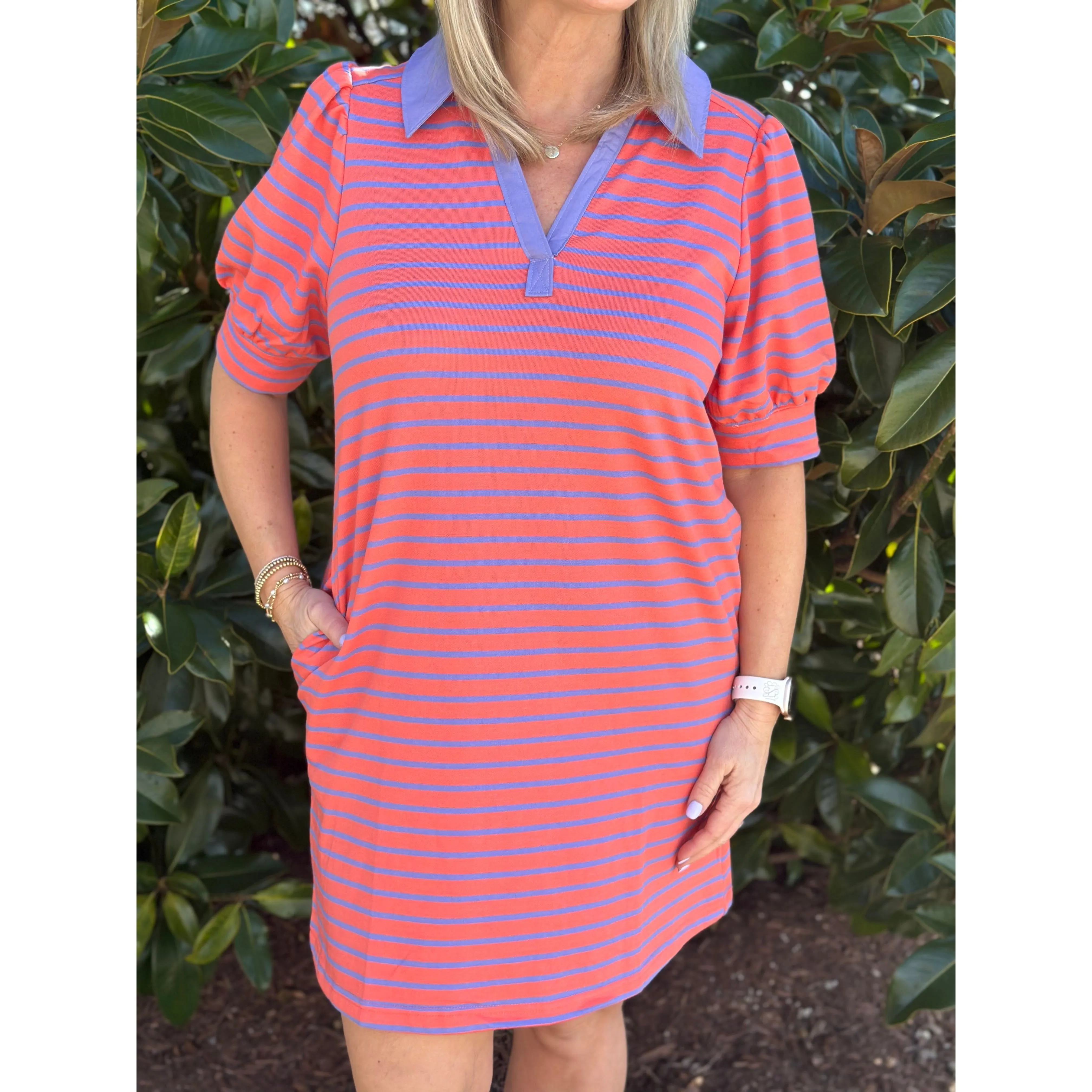 Monica Stripe Print V-Neck Puff Sleeve Mini Dress - Grapefruit