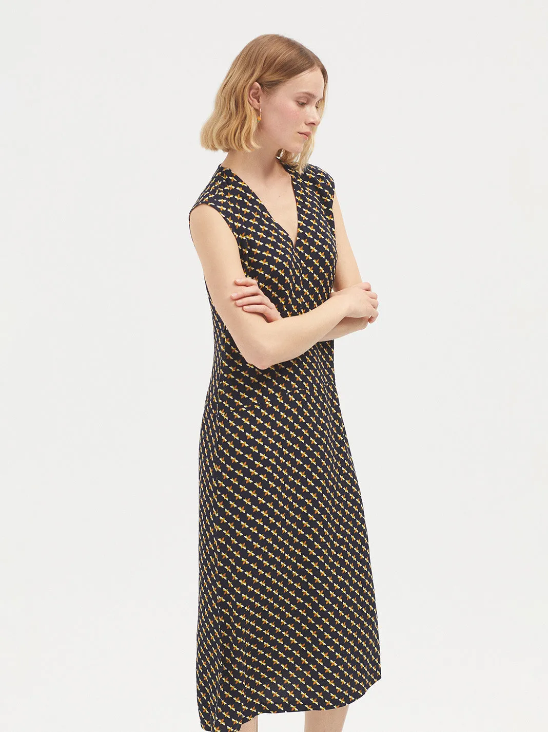 Nice Things Bees print bias cut midi dress Navy
