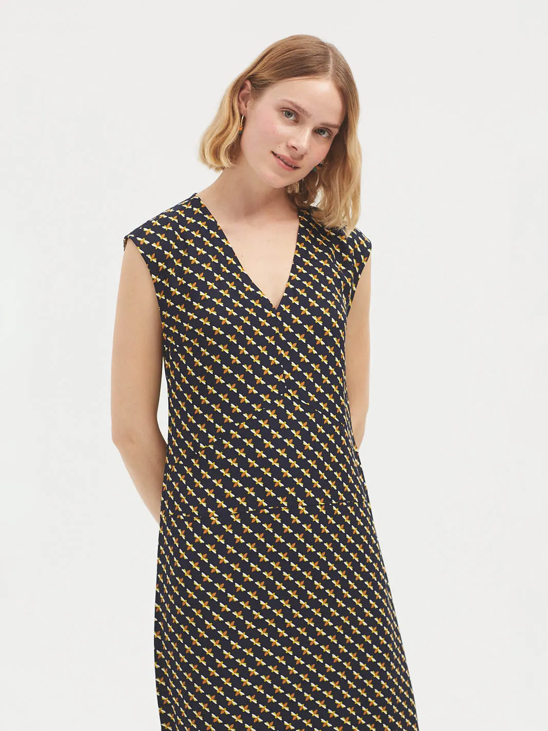 Nice Things Bees print bias cut midi dress Navy