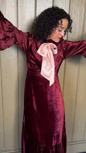 Ophelia Dress in Burgundy Velvet with Contrast Satin Tie
