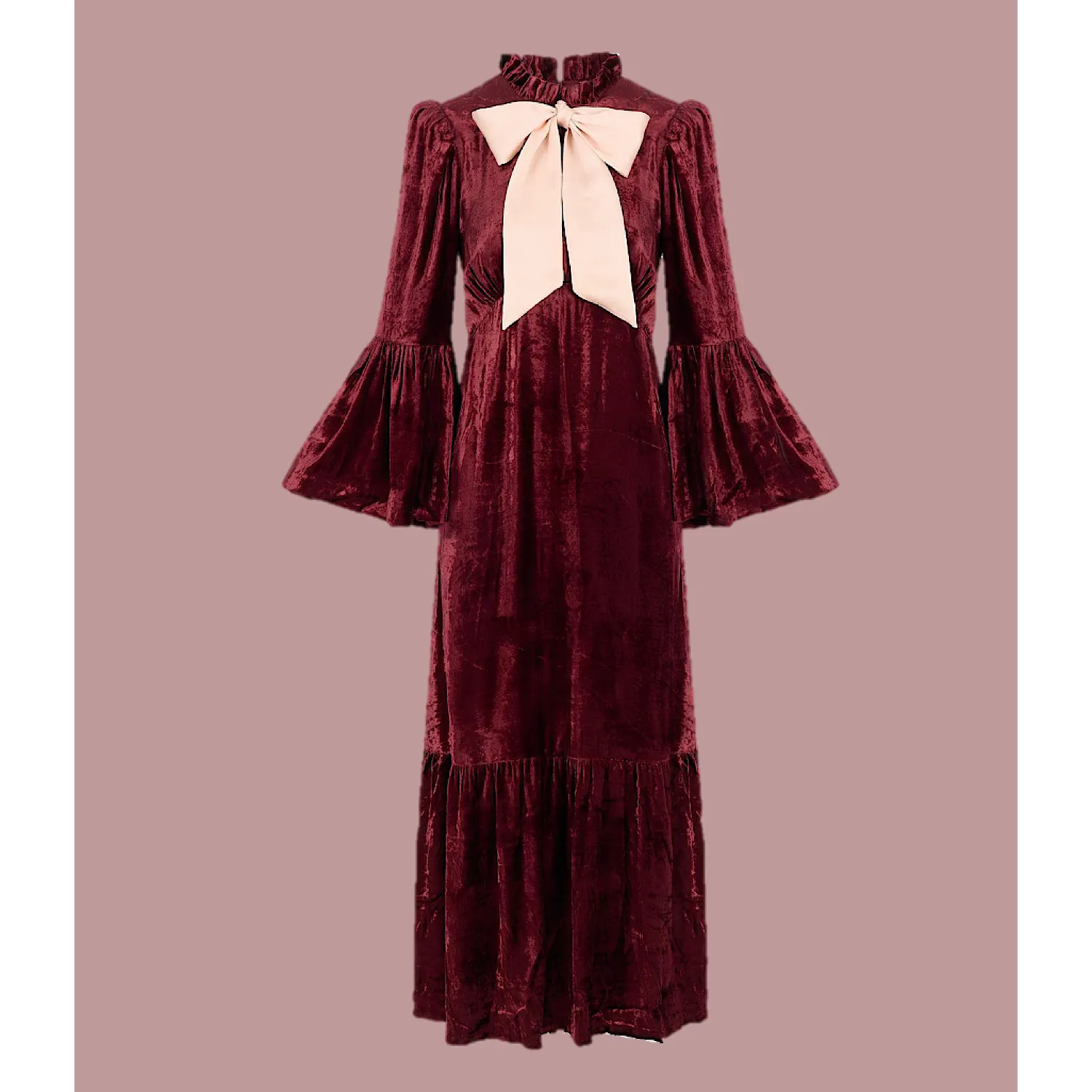 Ophelia Dress in Burgundy Velvet with Contrast Satin Tie
