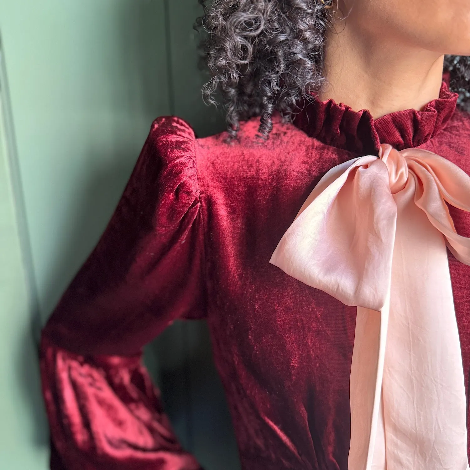 Ophelia Dress in Burgundy Velvet with Contrast Satin Tie