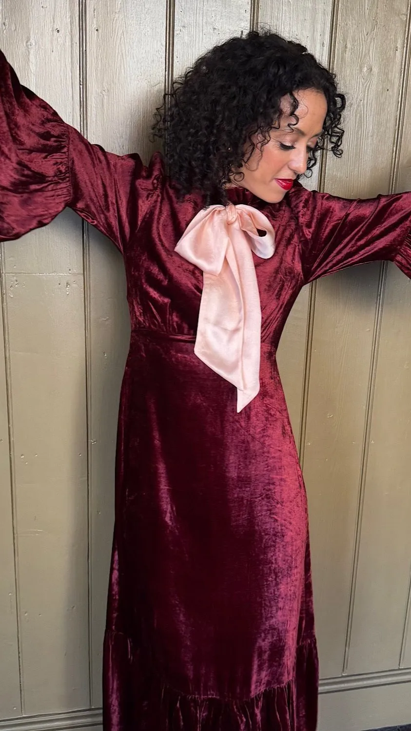 Ophelia Dress in Burgundy Velvet with Contrast Satin Tie
