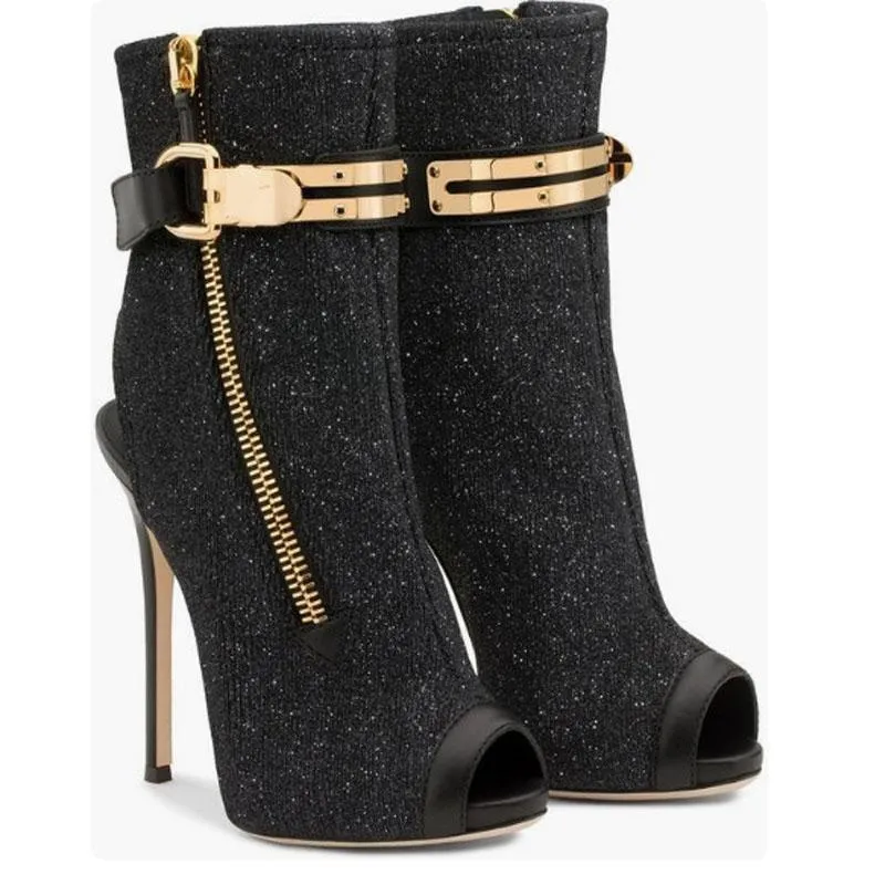 Party Black Sequin Peep Toe High Heel Sandals