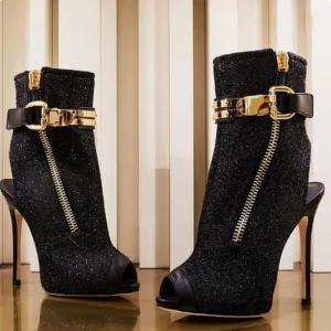 Party Black Sequin Peep Toe High Heel Sandals