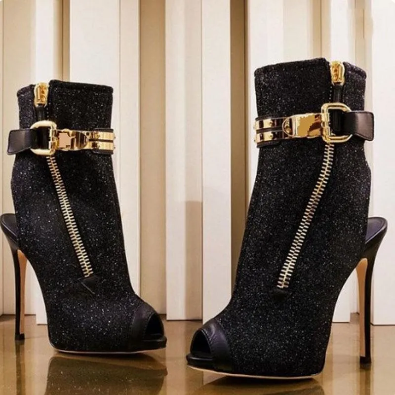 Party Black Sequin Peep Toe High Heel Sandals