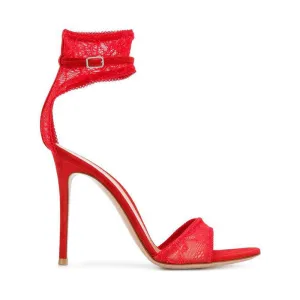 Red Lace Suede Buckle Ankle High Heel Sandals