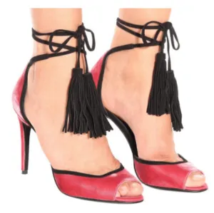 Red Suede Lace UP Fringe Peep Toe Sandals